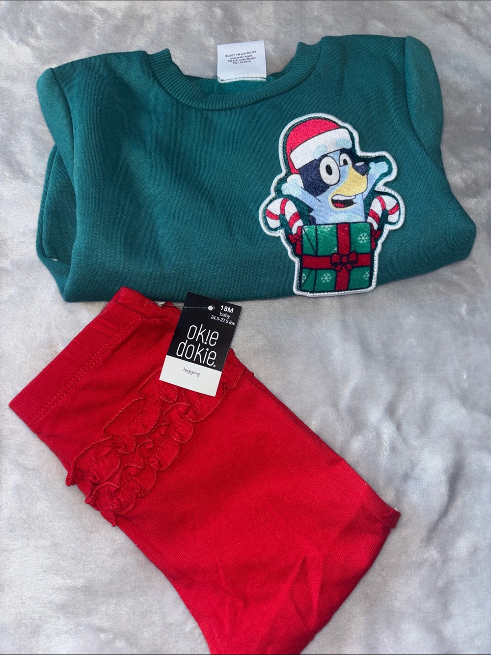 green Bluey sweatshirt with gift applique and red ruffle leggings